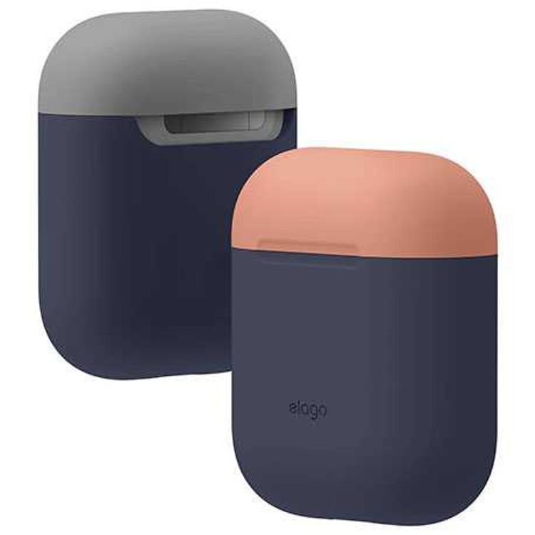 Elago Duo Case for Airpods, 3-in-1 Pastel Color, High Quality Silicone, Shock Resistant, Scratch Resistant, Supports Wireless Charging - Body-Jean Indigo / Top-Peach, Gray
