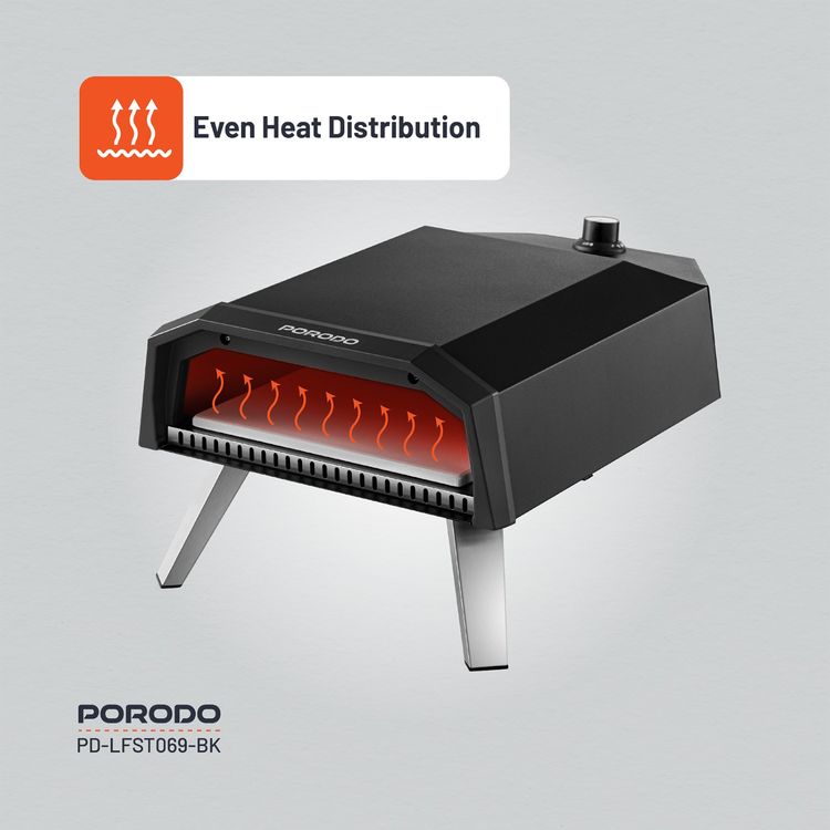 فرن بيتزا بورودو لايف ستايل 12 بوصة في الهواء الطلق بأرجل قابلة للطي، وقت طهي 60 ثانية، تسخين سريع 500 درجة مئوية، متوافق مع البيوتان والبروبان، 30-45 دقيقة قبل التسخين، إشعال بيزو - أسود