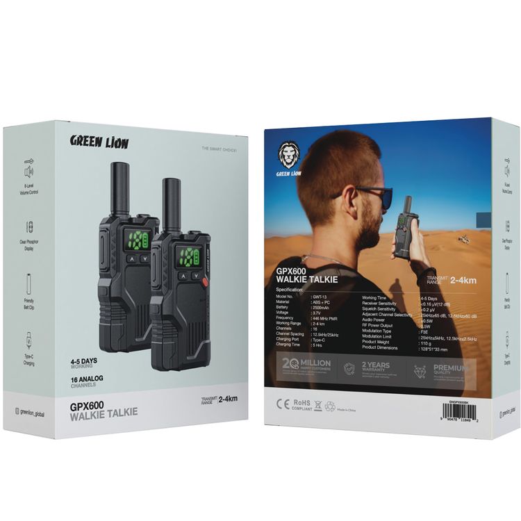 Green Lion GPX600 Walkie Talkie with 16 Analog Channels, Clear Phosphor Display, 8-Level Volume Control, 2-4km Transmit Range, 4-5 Days Working Time - Black