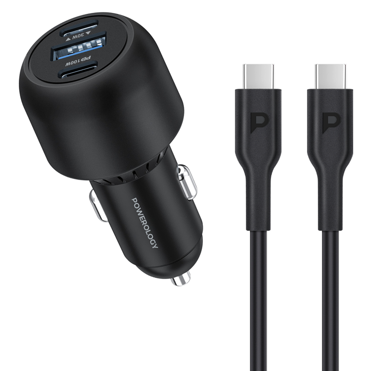 Powerology Ultra-Quick Car Charger 130W with 0.9m (3ft) Type-C To Type-C Cable - Black