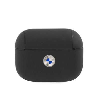 بي أم دبليو جراب من الجلد الأصلي للكمبيوتر الشخصي مع شعار معدني فضي لسماعات ايربودز برو ، مضاد للصدمات - أسود