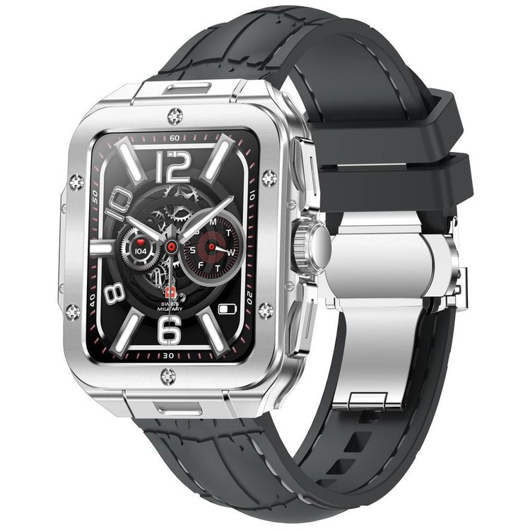 Swiss Military Alps 2, 1.85" HD Display, 4GB Built-in Memory, Workout Detection, Blood Pressure & Oxygen Level Monitoring, Make and Receive Calls - Silver Frame and Gray Silicon Strap