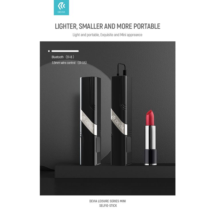 Devia Leisure Series Mini Selfie-Stick (3.5mm), Embedded Bluetooth Remote Control Snapshot, One-Hand Comfortable Grip, Light and Portable, Suitable for all Smartphones - Black