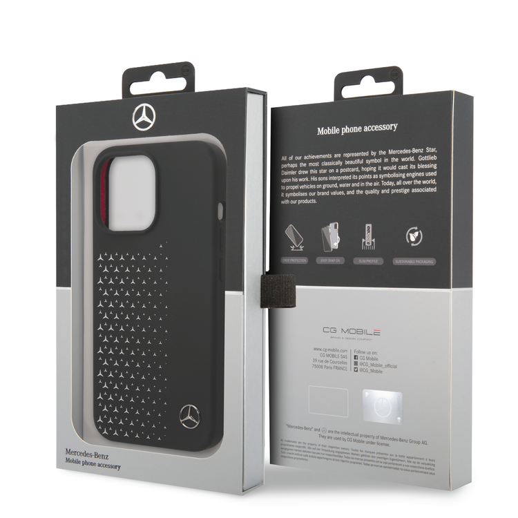 Mercedes-Benz Liquid Silicone Case with Gradient Star Horizontal Pattern iPhone 14 Pro Max Compatibility - Black