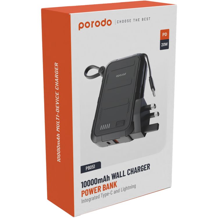  Porodo 10000mAh PPS Wall Charger Power Bank with Integrated Type-C & Lightning Cable, PD 20W, 22.5W USB-A Output, 10W Lightning, Simultaneous Charging - Black