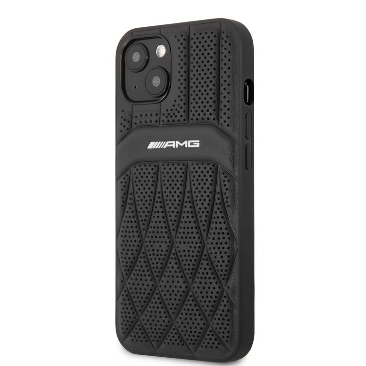 CG MOBILE AMG Genuine Leather Case With Perforated Black Leather Curved Lines Hot Stamped With Logo Compatible with iPhone 13 Pro Max (6.7") Easy Access to All Ports, Shock-Absorption, Anti-Scratch, & Drop Protection Back Cover Suitable with Wireless Charging Officially Licensed