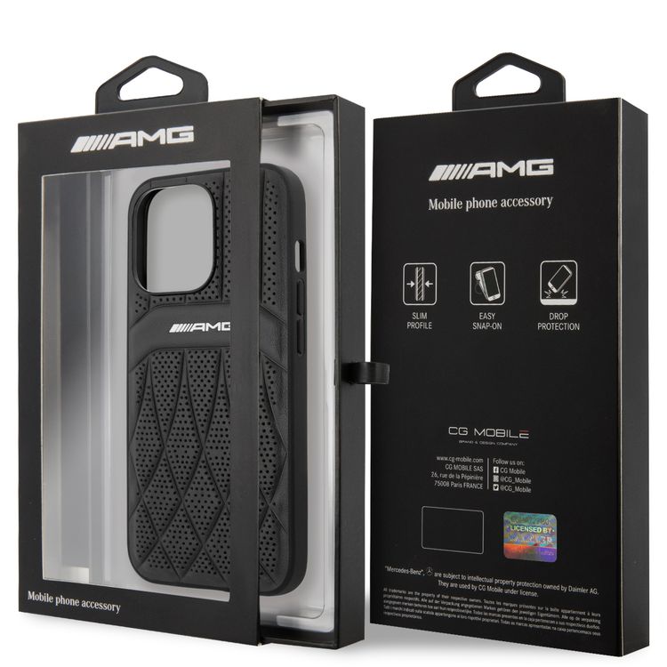 CG MOBILE AMG Genuine Leather Case With Perforated Black Leather Curved Lines Hot Stamped With Logo Compatible with iPhone 13 Pro Max (6.7") Easy Access to All Ports, Shock-Absorption, Anti-Scratch, & Drop Protection Back Cover Suitable with Wireless Charging Officially Licensed