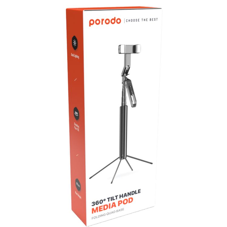 عصا سيلفي بورودو 185 سم قابلة للتمديد مع مصابيح مزدوجة قابلة للفصل، حامل ثلاثي القوائم بأربعة أرجل وجهاز تحكم عن بعد - أسود