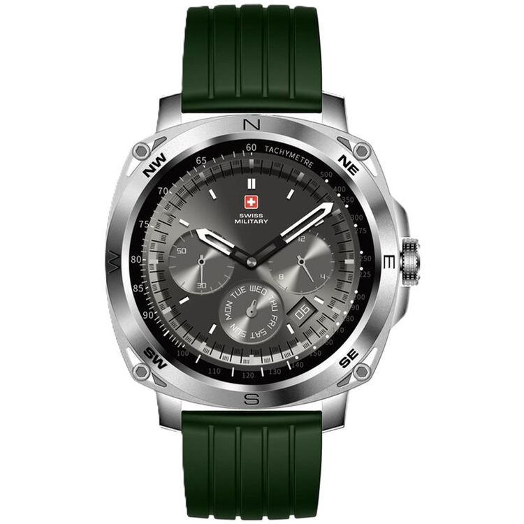 Swiss Military DOM4 Smartwatch, 1.43" AMOLED Display, Built in Compass, Bluetooth Calling, Workout Detection - Silver with Green Silicon Strap
