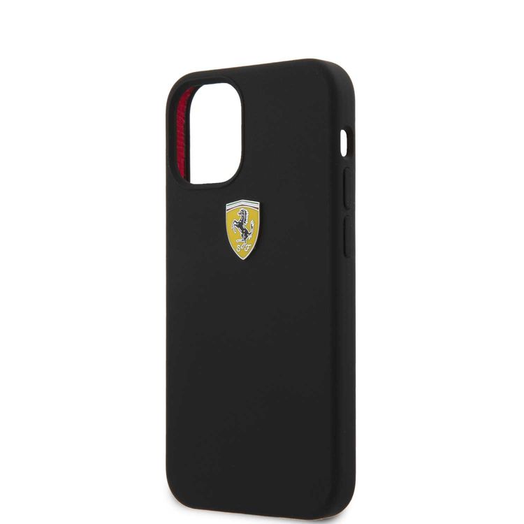 CG Mobile Ferrari On Track Liquid Silicone Case Metal Logo for iPhone 12 Mini (5.4") Officially Licensed, Premium Silicone Case, Shock Resistant, Scratches Resistant - Black