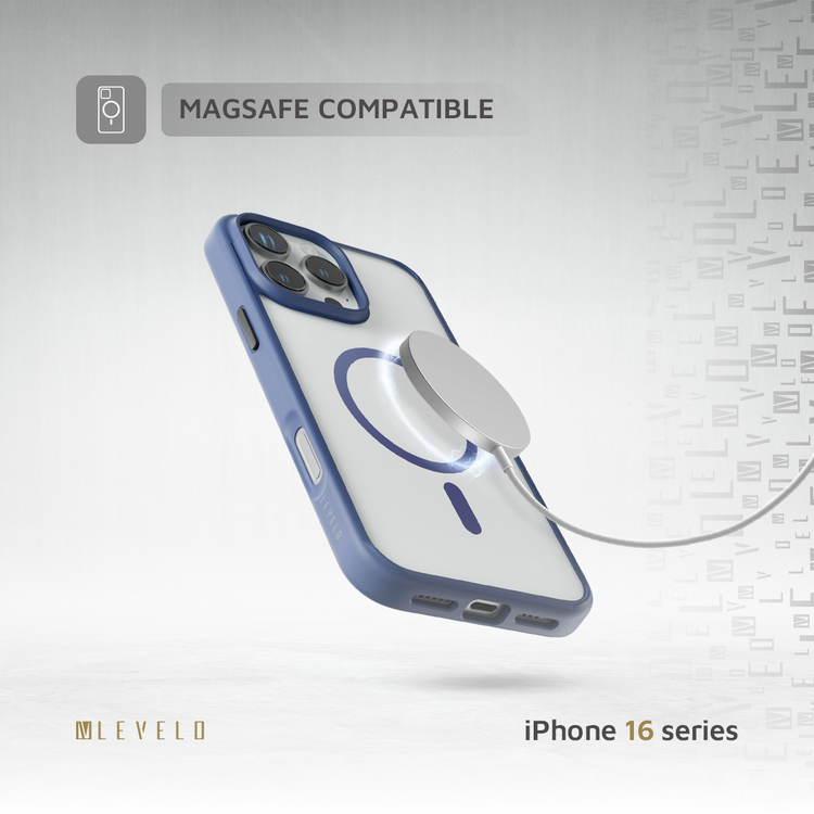 حافظة Levelo MagSafe Solo لهاتف iPhone 16 Pro، تقنية Clearview، مقاومة للخدش 3H، هيكل هجين - أزرق غامق