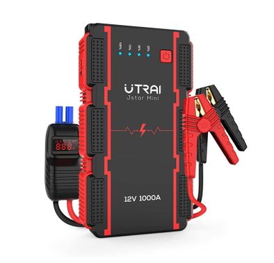 بطارية سيارة UTRAI Jstar Mini Jump Starter، مشبك ذكي مع اكتشاف البطارية، 12 فولت 1000 أمبير (حتى 6.0 لتر بنزين أو 4.5 لتر محرك ديزل)، حزمة طاقة معززة لبطارية السيارة مع ضوء LED - أسود / أحمر
