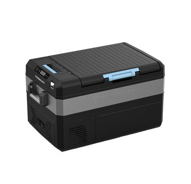 ثلاجة وفريزر Powerology للطاقة الشمسية بسعة 55 لتر، وقت تشغيل يصل إلى 20 ساعة، متوافقة مع iOS و Android، أوضاع طاقة متعددة، نطاق تبريد -22°C - +24°C، سعة بطارية 20800 مللي أمبير، مخرجات Type-C و USB - باللون الأسود.