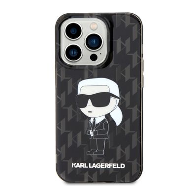 Karl Lagerfeld IML Hard Case with Iconic Monogram for iPhone 16 Pro, Drop Protection, Slim Profile, Lightweight, Comfortable Grip, Sustainable Packing - Black