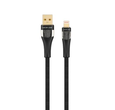 كابل جرين ليون شفاف USB-A إلى Lightning مع ضوء LED، شحن سريع والمزامنة، 12 واط، توافق واسع، آمن ومضمون - أسود
