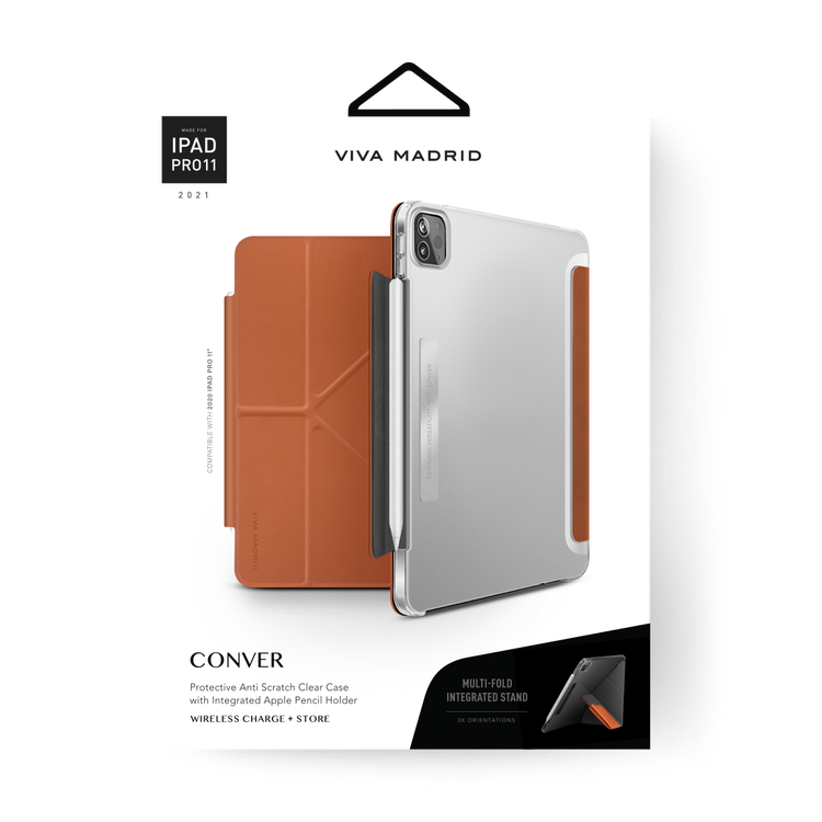 Viva Madrid Conver Case With Foldable Stand Clear Case with Integrated Apple Pencil Holder, Anti-Scratch, Shock-Absorption & Drop Protection Cover Brown - iPad Pro 11" (2021)