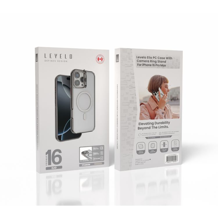 كفر حماية Levelo Elio PC مع حامل حلقي للكاميرا لهاتف iPhone 16 Pro Max، حامل مدمج، متوافق مع MagSafe - تيتانيوم