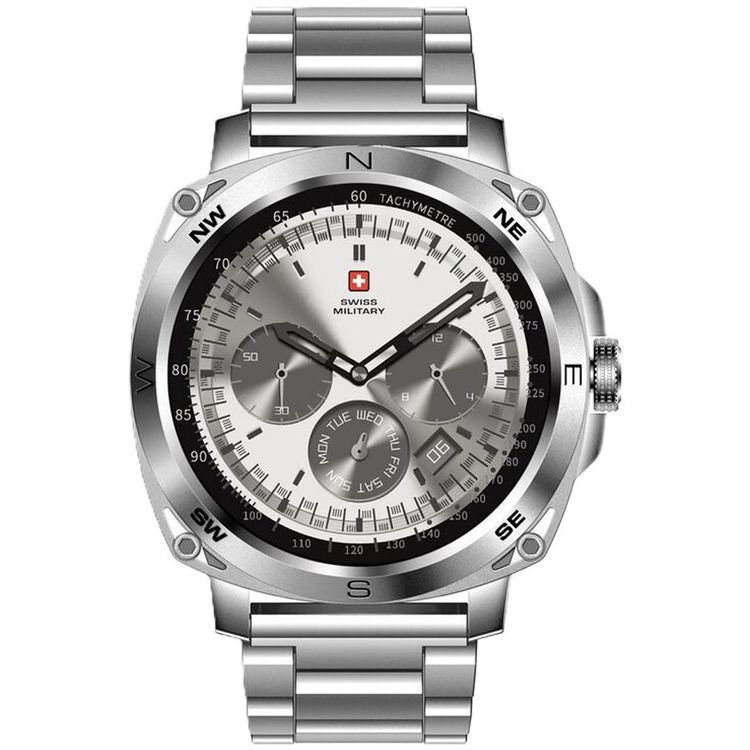 ساعة ذكية Swiss Military DOM4، شاشة AMOLED مقاس 1.43 بوصة، بوصلة مدمجة، اتصال بلوتوث، اكتشاف التمرين - فضية مع حزام من الفولاذ المقاوم للصدأ 