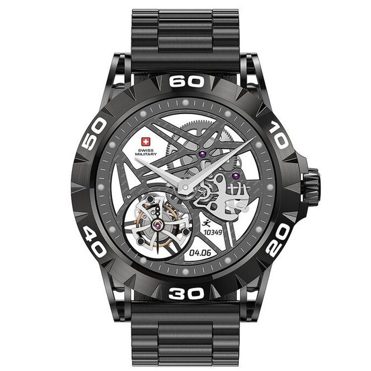 Swiss Military Dom2, up to 7 Days Battery Life, Receive & Make Calls, Heart Rate & Blood Pressure & Oxygen Level Monitoring, iOS & Android - Black with Metal Strap