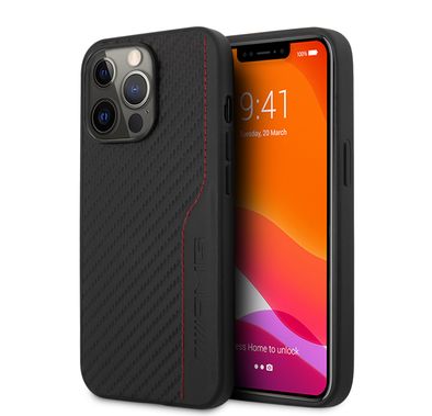 CG MOBILE AMG Hard Case with PU Carbon Effect Leather & Red Stitching Line Hot Stamped Logo Compatible for iPhone 13 Pro Max (6.7") Easy Access to All Ports, Shock-Absorption, Anti-Scratch, & Drop Protection Back Cover Suitable with Wireless Charging Officially Licensed