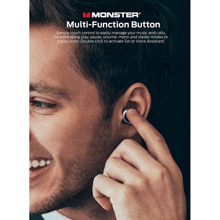 Monster Clarity 101 AirLinks Wireless Earbuds, Bluetooth Version 5.0, Type-C Charging Port, 360° Rotatable Charging Case, Touch Control, 60 Hours Battery Life - Black