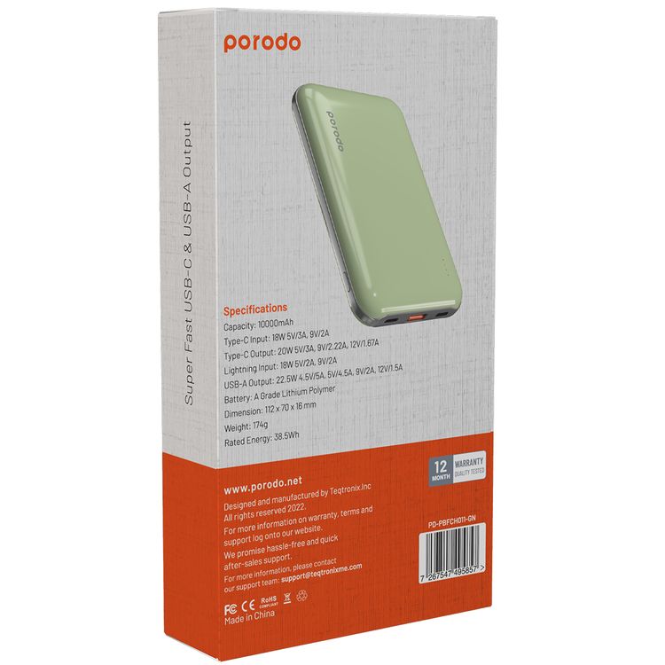 بورودو بنك طاقة بسعة 10000 مللي أمبير مع مدخل Type-C و Lightning، شحن سريع للغاية، توصيل الطاقة بقوة 20 واط، بطارية ليثيوم بوليمر من الدرجة A، خفيف الوزن ومحمول - أخضر