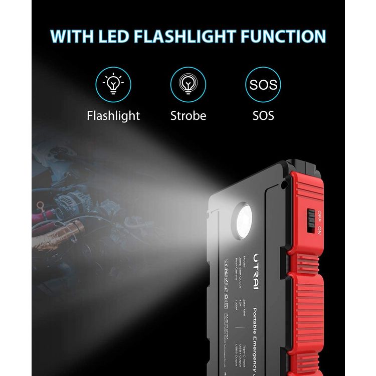 UTRAI Jstar Mini Jump Starter Car Battery, Smart Clip with Battery Detection, 12V 1000A (Up to 6.0L Gas or 4.5L Diesel Engine), Power Pack Auto Battery Booster with LED Light - Black / Red 