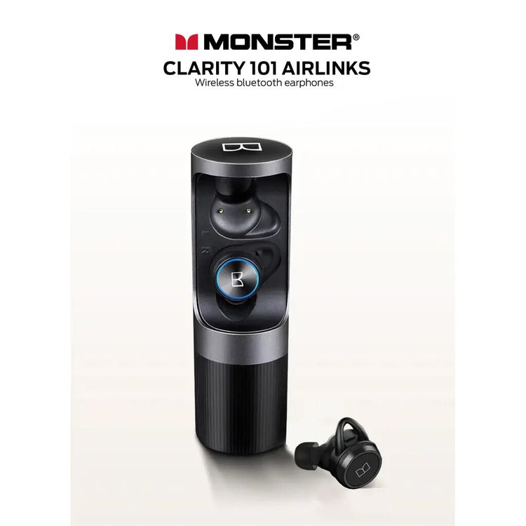 Monster Clarity 101 AirLinks Wireless Earbuds, Bluetooth Version 5.0, Type-C Charging Port, 360° Rotatable Charging Case, Touch Control, 60 Hours Battery Life - Black