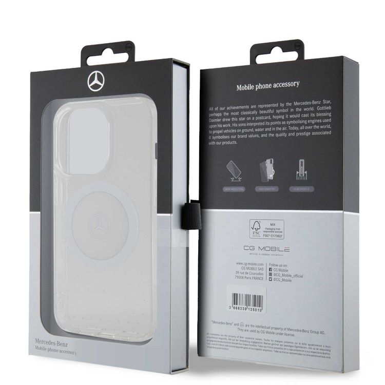 حافظة مرسيدس بنز لهاتف iPhone 15 Pro Max شفافة Magsafe بنمط نجوم - أبيض
