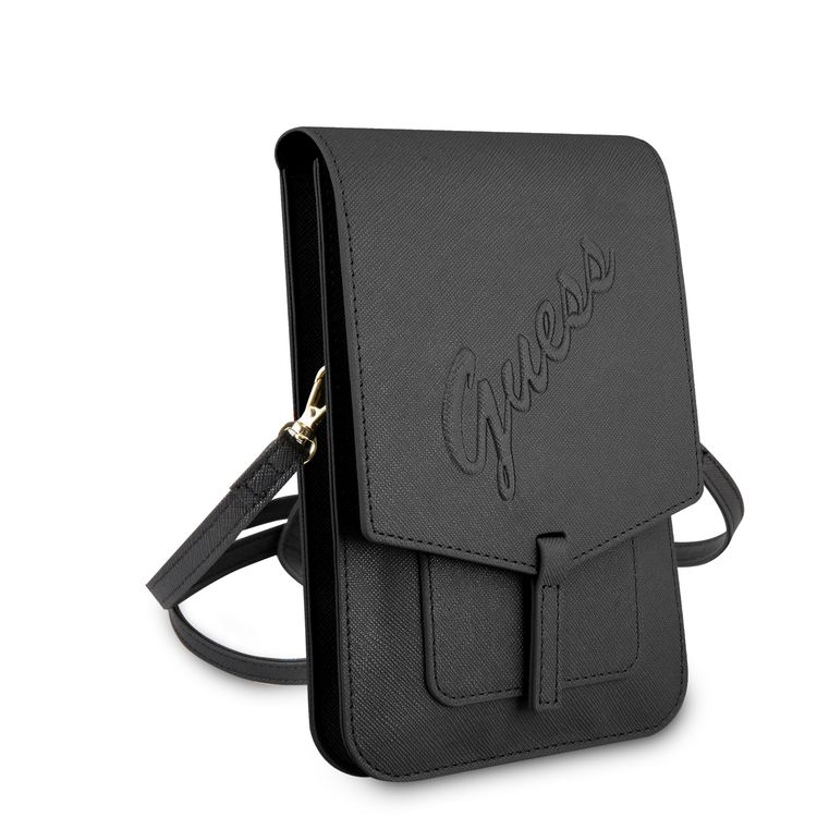 CG MOBILE Guess PU Saffiano Script Crossbody Wallet Bag with Adjustable Strap, Slim Portable Phone Bag Suitable for Outdoor, Business, Office, School Officially Licensed - Black