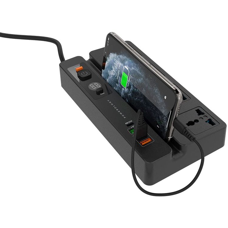 Powerology Universal Socket P65MPSBK 4 AC, 3 USB Ports & USB-C PD 35W Socket with Phone Stand and Timer - Black
