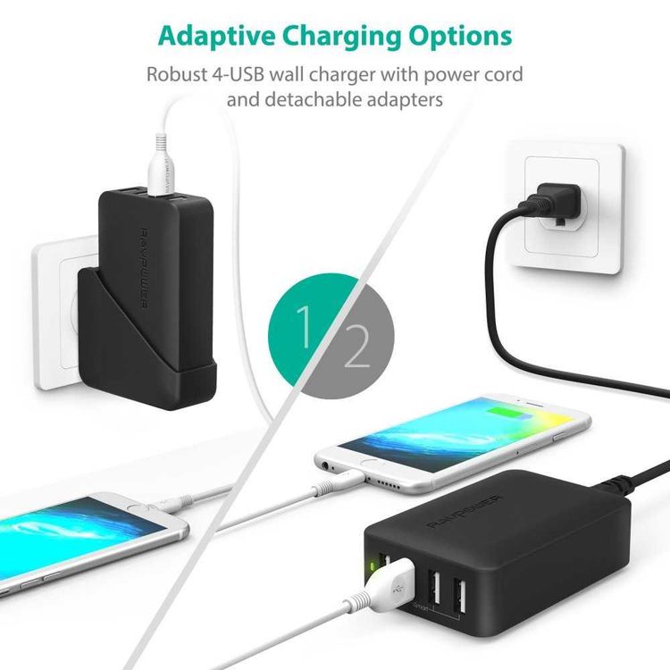 RAVPower 4-Port USB Travel Adapter 40W with Power Cord & Detachable Adapters - Portable & Sturdy Fast Charging Wall Charger with iSmart Technology & Multiple Protection - Black