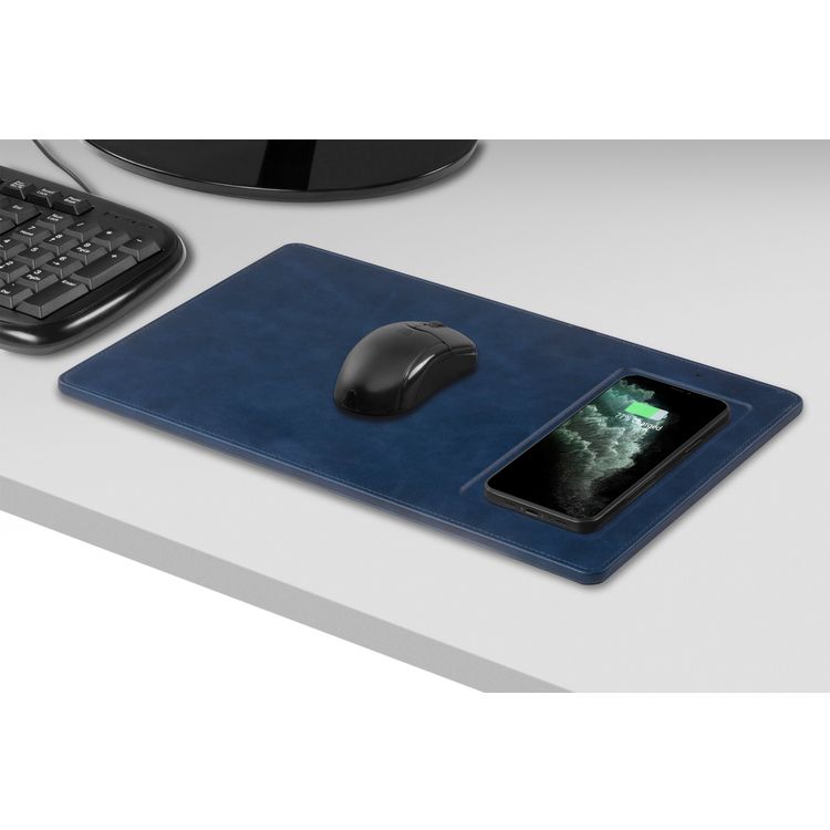 Powerology PU Leather Qi Wireless Charging Mouse Pad 10W, Case-Friendly, Fast Wireless Charging Mouse Mat Compatible for 12/12 Pro/12 Pro Max/11/11 Pro/11 Pro Max, Samsung Galaxy S10/S9/S8/Note 10 - Navy Blue