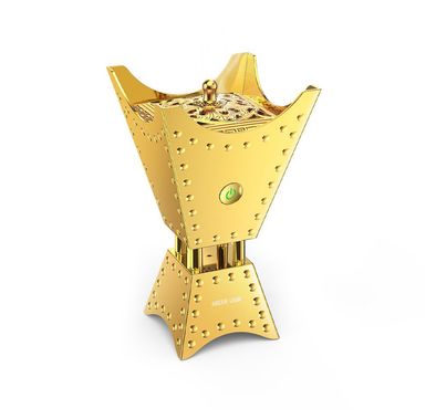 بخور الأسد الأخضر التقليدي مع مكبر صوت للقرآن، يعمل من 15 إلى 18 مرة لكل عملية شحن، سعة بطارية 2500 مللي أمبير، قوة مكبر الصوت 5 واط، تحكم عبر التطبيق - ذهبي