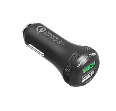 شاحن سيارة RAVPower QC3.0 36W ثنائي المنفذ USB مع حماية متعددة وتقنية iSmart - محول طاقة محمول للسيارة بتصميم خفيف الوزن متوافق مع الهواتف الذكية - أسود