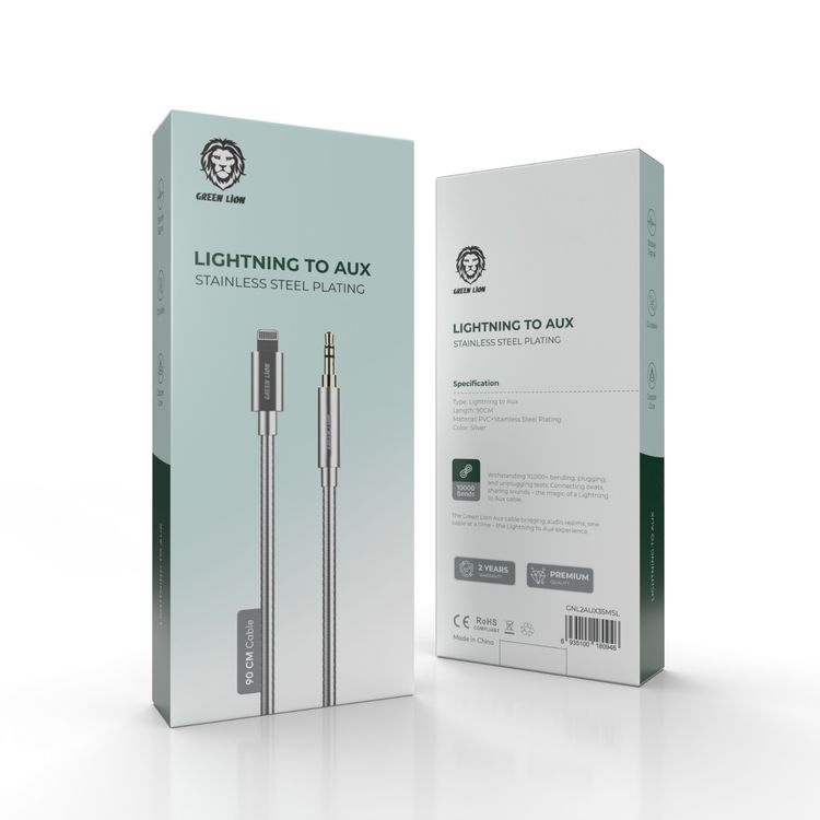 Green Lion Lightning To AUX Cable with Stainless Steel Plating - Silver - 90CM