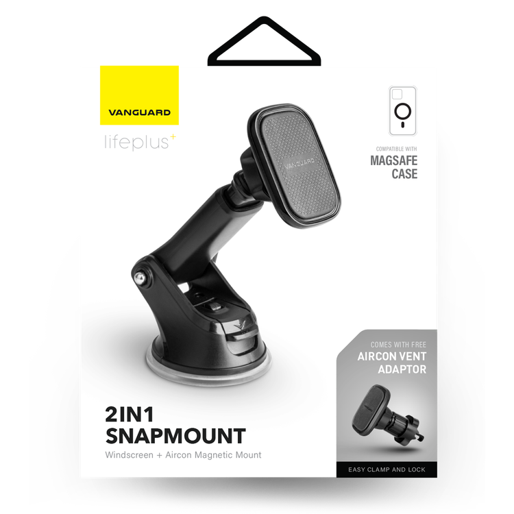 فيفا مدريد فان جارد لايف بلس 2 في 1 سناب ماونت ماجسيف حامل السيارة (حاجب الريح + حامل مغناطيسي للتكييف) مع محول تنفيس مكيف السيارة ، حامل هاتف السيارة متوافق مع جراب ماغسيف - أسود