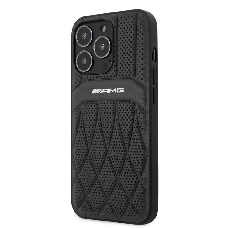 CG MOBILE AMG Genuine Leather Case With Perforated Black Leather Curved Lines Hot Stamped With Logo Compatible for iPhone 13 Pro (6.1") Easy Access to All Ports