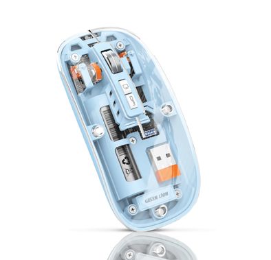 Green Lion Transparent Wireless Mouse 2 with 5 Keys, Connects to Up to 3 Devices Simultaneously, 500mAh Rechargeable Battery, 10m Distance Range, Plug & Play - Blue