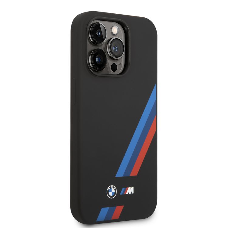 BMW M Collection Liquid Silicone Case with Slanted Tricolor Stripes PU iPhone 14 Pro Compatibility - Black