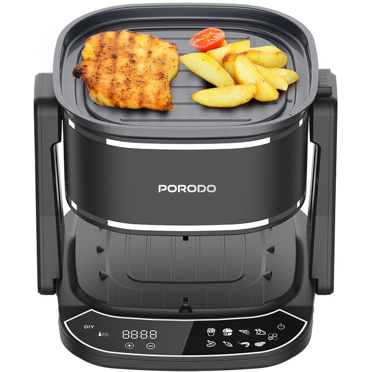 Porodo Lifestyle Dual Design Air Fryer & Grill, Advanced Cooking Technology, Glass Container, UK 3-Pin Power Plug - Black 