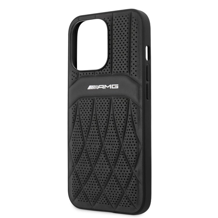 CG MOBILE AMG Genuine Leather Case With Perforated Black Leather Curved Lines Hot Stamped With Logo Compatible with iPhone 13 Pro Max (6.7") Easy Access to All Ports, Shock-Absorption, Anti-Scratch, & Drop Protection Back Cover Suitable with Wireless Charging Officially Licensed