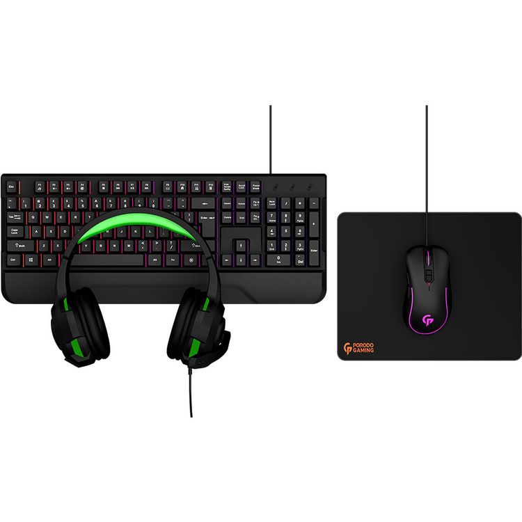 Gaming Set 4-in-1 by Porodo - Keyboard Rainbow Effects, Headphone Compatible for Playstation and Xbox, Mouse 800-3400DPI, Mouse Pad - Starter Kit (Black)