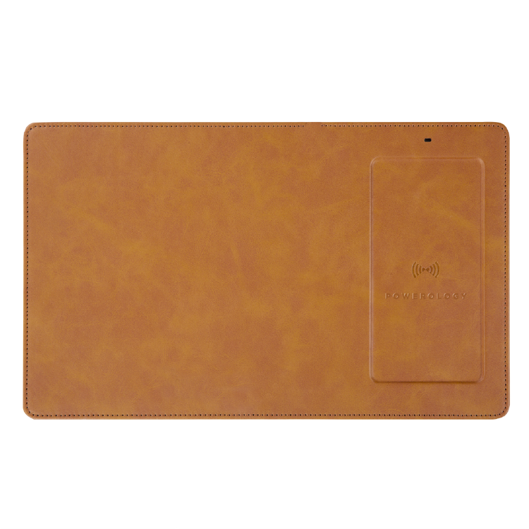 Powerology PU Leather Qi Wireless Charging Mouse Pad 10W, Case-Friendly, Fast Wireless Charging Mouse Mat Compatible for 12/12 Pro/12 Pro Max/11/11 Pro/11 Pro Max, Samsung Galaxy S10/S9/S8/Note 10 - Cognac