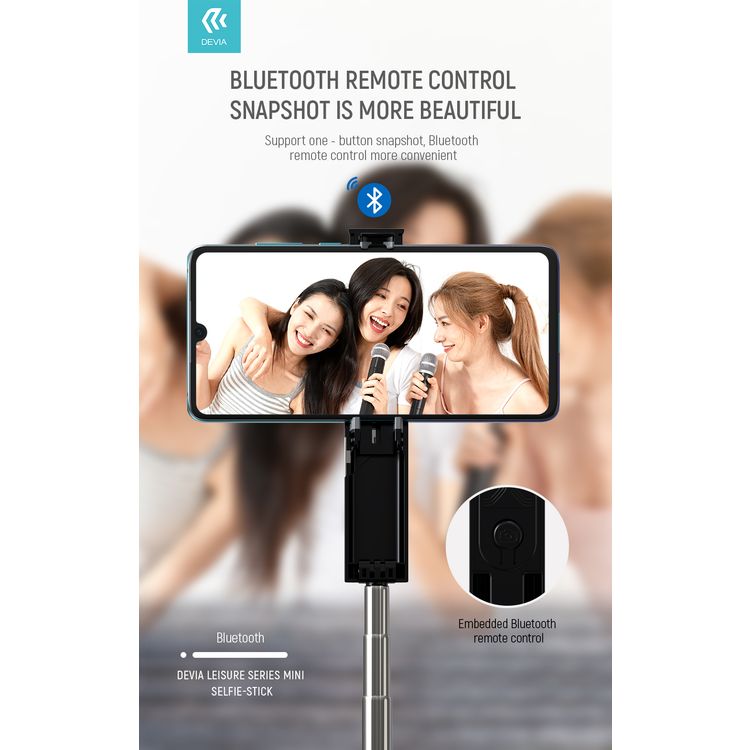 Devia Leisure Series Mini Selfie-Stick (3.5mm), Embedded Bluetooth Remote Control Snapshot, One-Hand Comfortable Grip, Light and Portable, Suitable for all Smartphones - Black