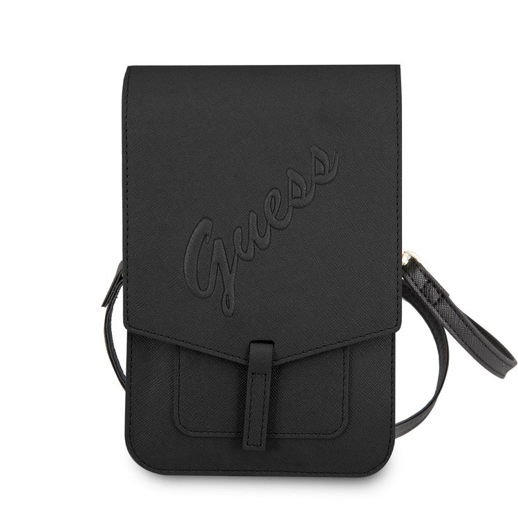 CG MOBILE Guess PU Saffiano Script Crossbody Wallet Bag with Adjustable Strap, Slim Portable Phone Bag Suitable for Outdoor, Business, Office, School Officially Licensed - Black