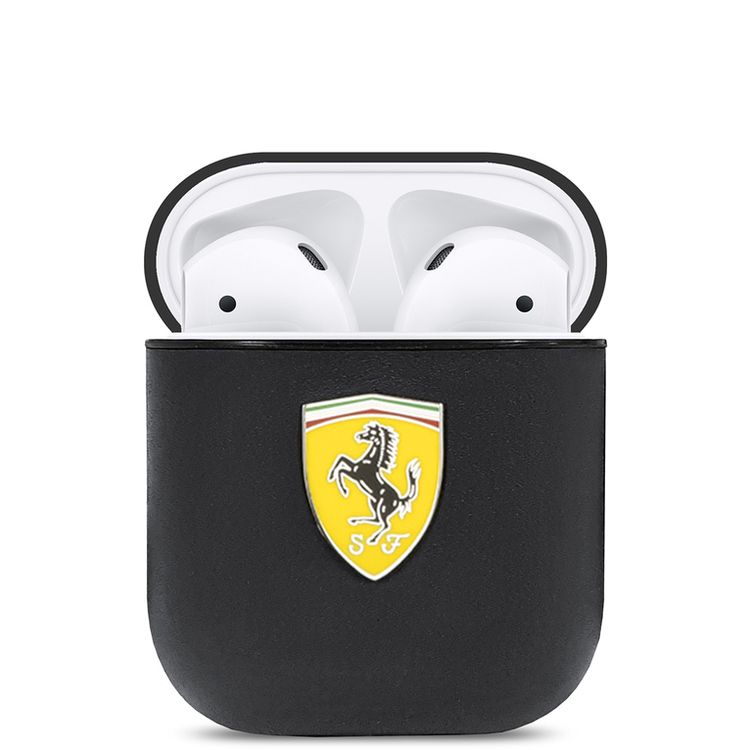CG Mobile Ferrari FESA2LEBK  No Track Leather case With Metal Logo  for Airpods 1/2 Officially Licensed ,  High-Quality material , Dust Proof , Compatible with Airpods 1/2 - Black