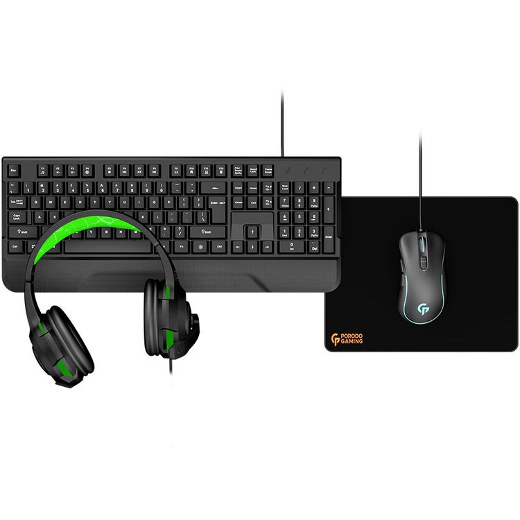 Gaming Set 4-in-1 by Porodo - Keyboard Rainbow Effects, Headphone Compatible for Playstation and Xbox, Mouse 800-3400DPI, Mouse Pad - Starter Kit (Black)