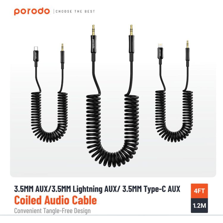 Porodo 3.5mm Lightning AUX Coiled Audio Cable Convenient Tangle-Free Design 1.2m/4ft, Lightning to AUX, Universal Compatibility, Auto Retractable - Black