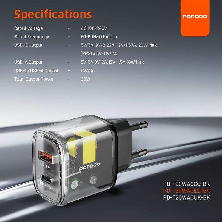 Porodo شاحن شفاف سريع ثنائي المخرج USB-C PD و USB-A QC EU - شفاف